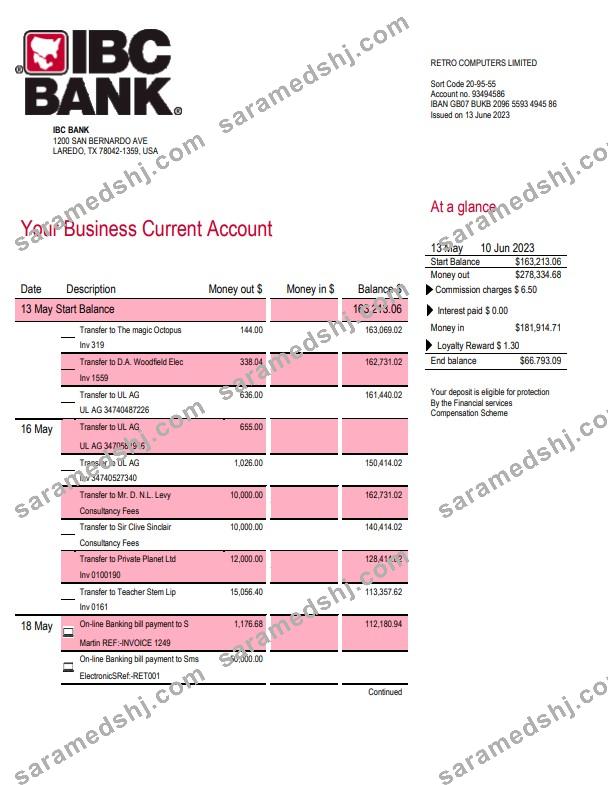 IBC Bank business checking account statement Word and PDF template